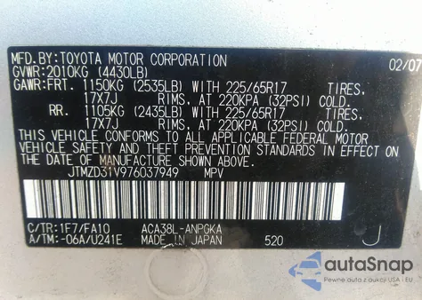 2007 Toyota Rav4 Limited from USA, damaged, VIN JTMZD31V976037949